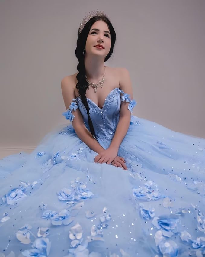 Vestido para quinceañeras con hombros descubiertos, mariposa, azul real, flores 3D, Vestidos XV Años