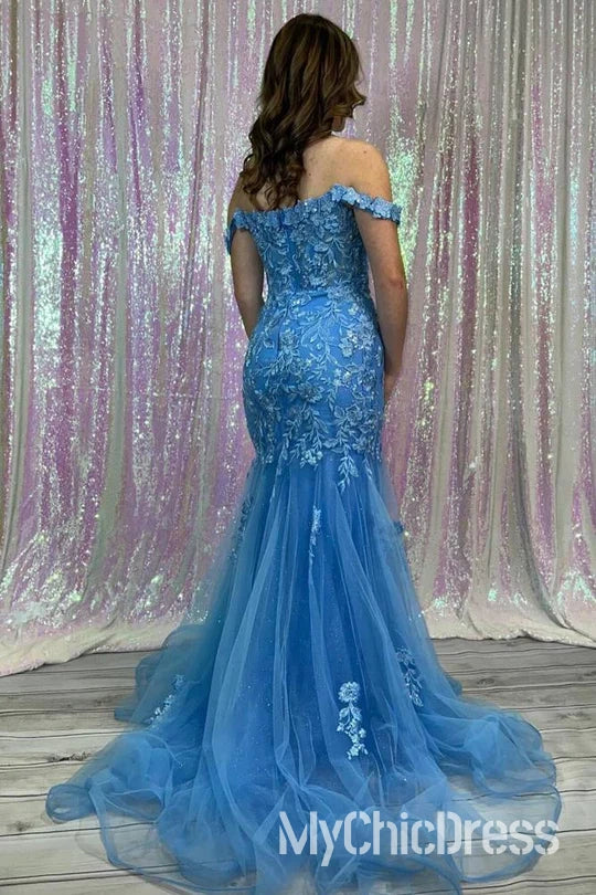 Vestidos de fiesta de encaje azul con hombros descubiertos y apliques de sirena en tul