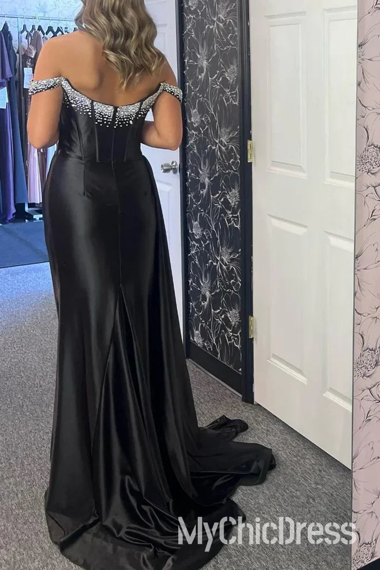 Vestido de fiesta estilo imperio con hombros descubiertos y cuentas, corte sirena negro con cola