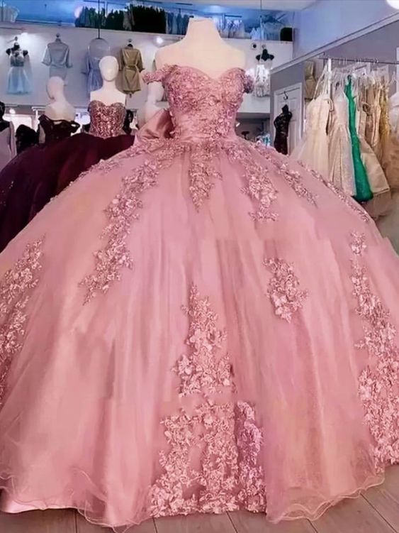 Off the Shoulder Rose Pink Quinceanera Dress Lace Applique Sweet 15 Dress MyChicDress