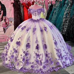 Fuera del hombro 2024 Lila Sweet 16 Vestido Flores 3D Corsé Vestidos de quinceañera