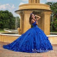 Off Shoulder Butterfly  Quince Dress  Royal Blue 3D Flowers Vestidos XV Años