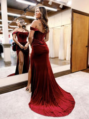 Off Shoulder Mermaid Women's Velvet burgundy Evening Dress Slit