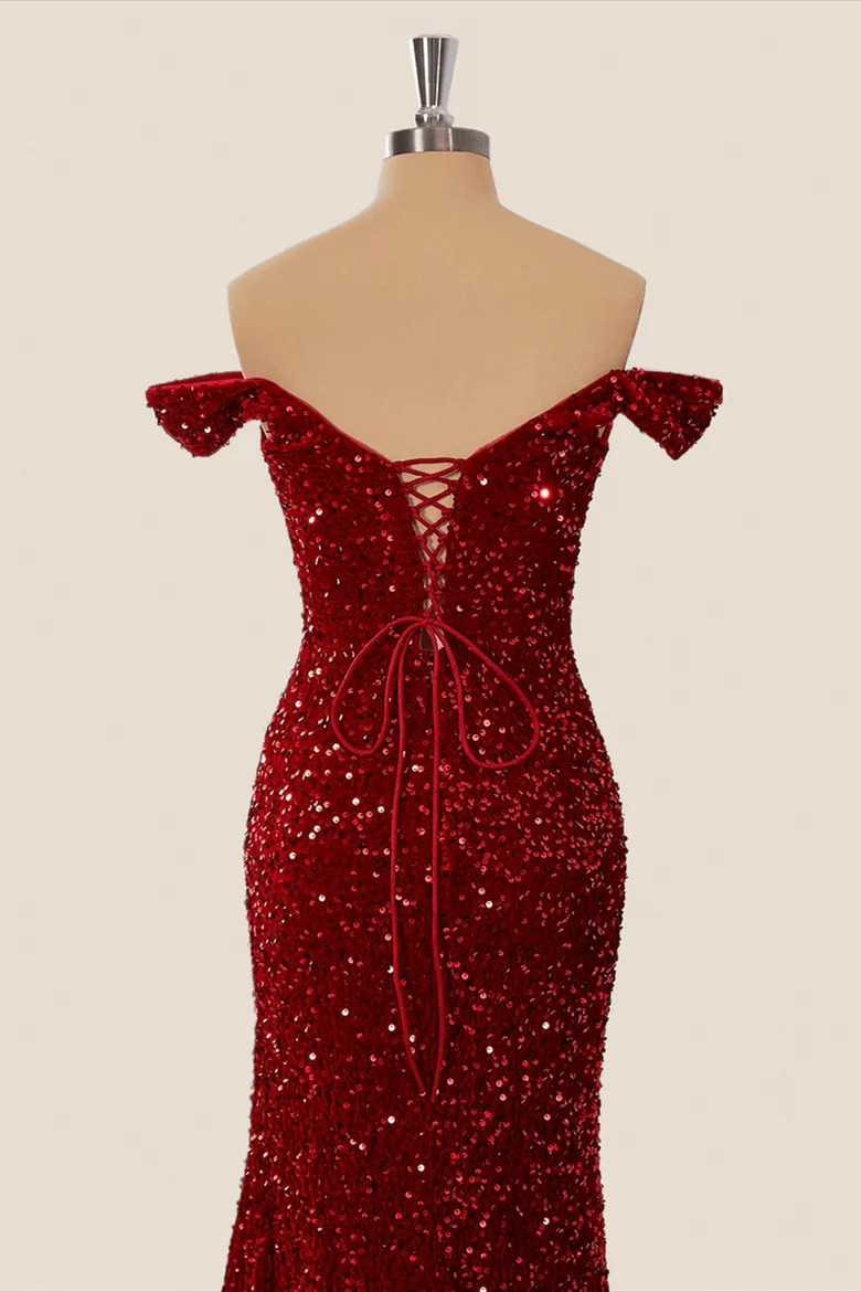 Off the Shoulder Sequin Burgundy Mermaid Prom Dresses Shiny - MyChicDress