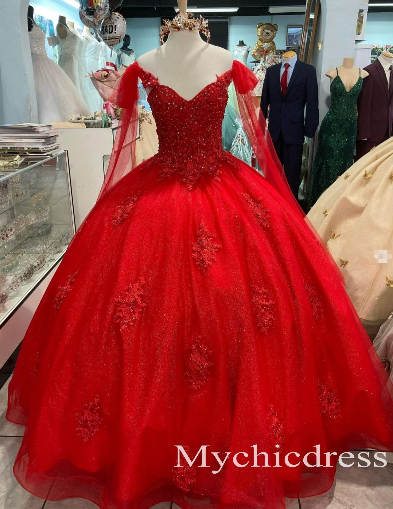 Off Shoulder Sweet 15 Gown Red Quinceanera Dresses 3D Flowers - MyChicDress