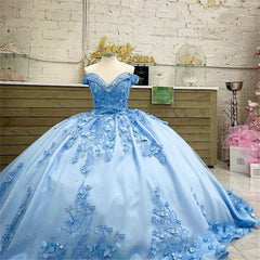 Vestido dulce 16 con hombros descubiertos, vestidos de quinceañera azul cielo, apliques con flores 3D
