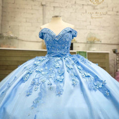 Vestido dulce 16 con hombros descubiertos, vestidos de quinceañera azul cielo, apliques con flores 3D