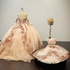 Vestidos de quinceañera de oro rosa con hombros descubiertos Vestido de dulce 16 de encaje brillante
