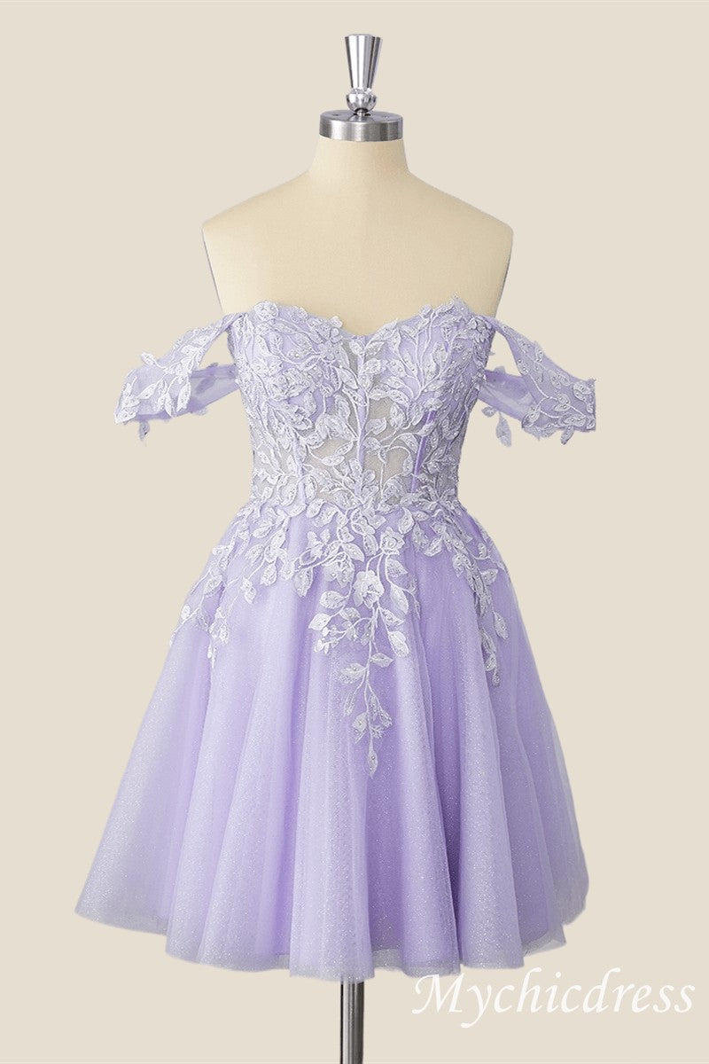Off The Shoulder Lace Short 2025 Homecoming Dress Lavender Dama Dress - MyChicDress