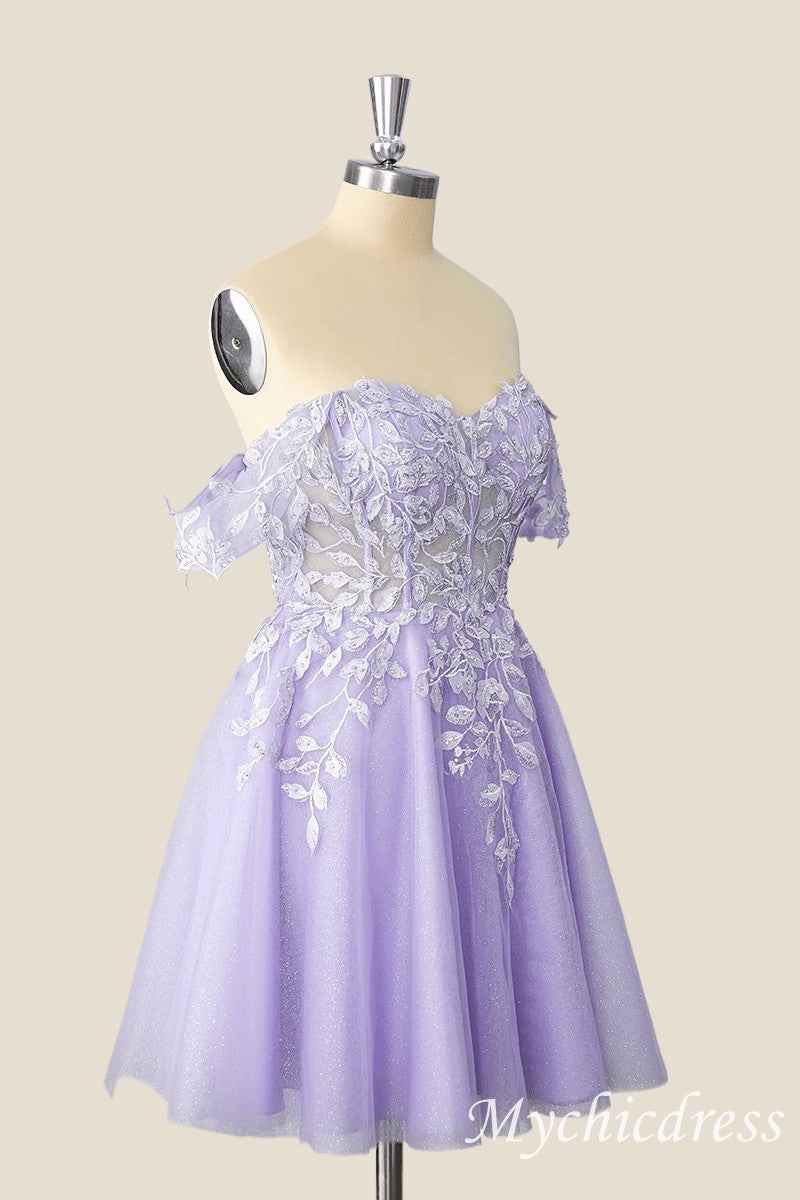 Off The Shoulder Lace Short 2025 Homecoming Dress Lavender Dama Dress - MyChicDress