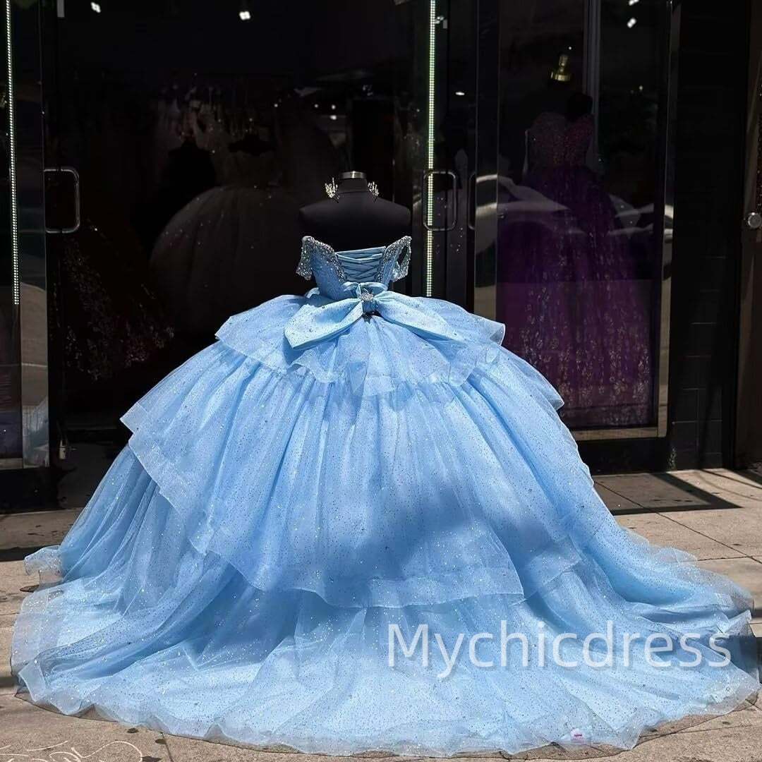 Off the shoulder Blue Quinceanera Dresses Tiered Layered with Beaded Mychicdress