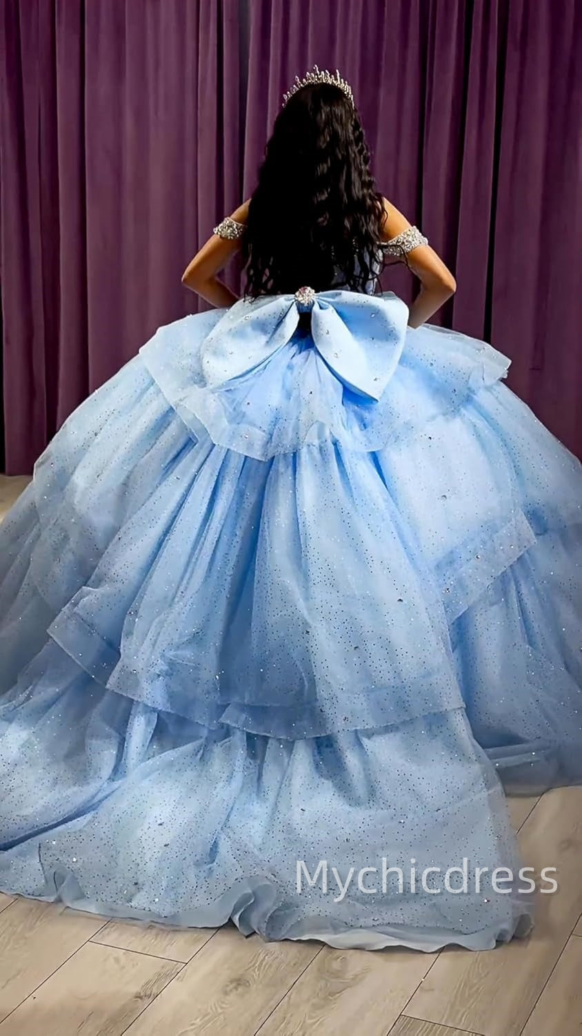 Off the shoulder Blue Quinceanera Dresses Tiered Layered with Beaded Mychicdress