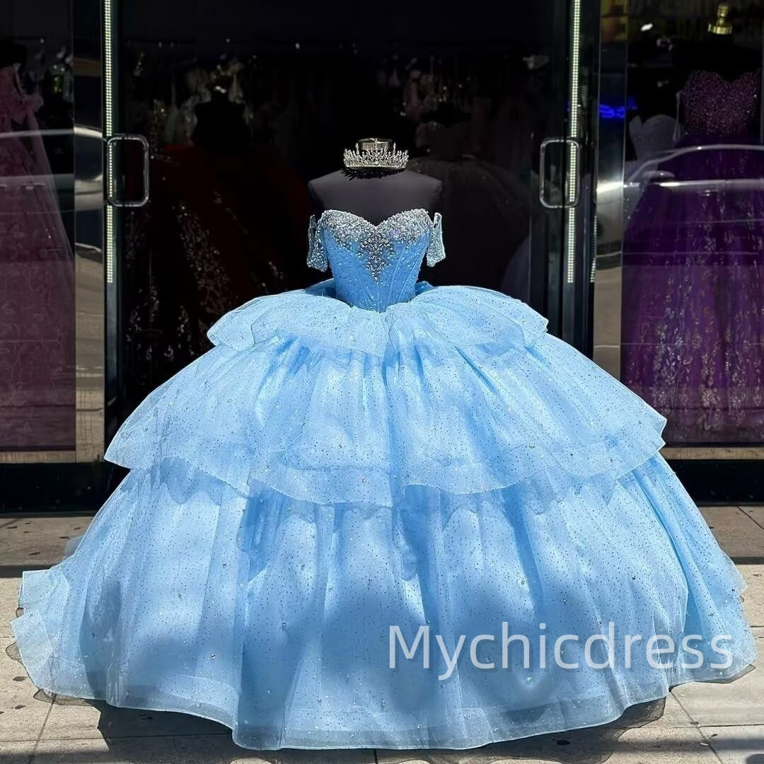 Off the shoulder Blue Quince Dresses Tiered Layered with Beaded Mychicdress