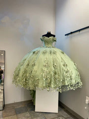 2024 Fuera del hombro Flores 3D Tallas grandes Vestidos de quinceañera verde salvia