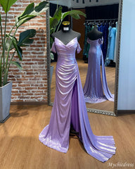 Vestidos de fiesta lila con hombros descubiertos Corte A con abertura