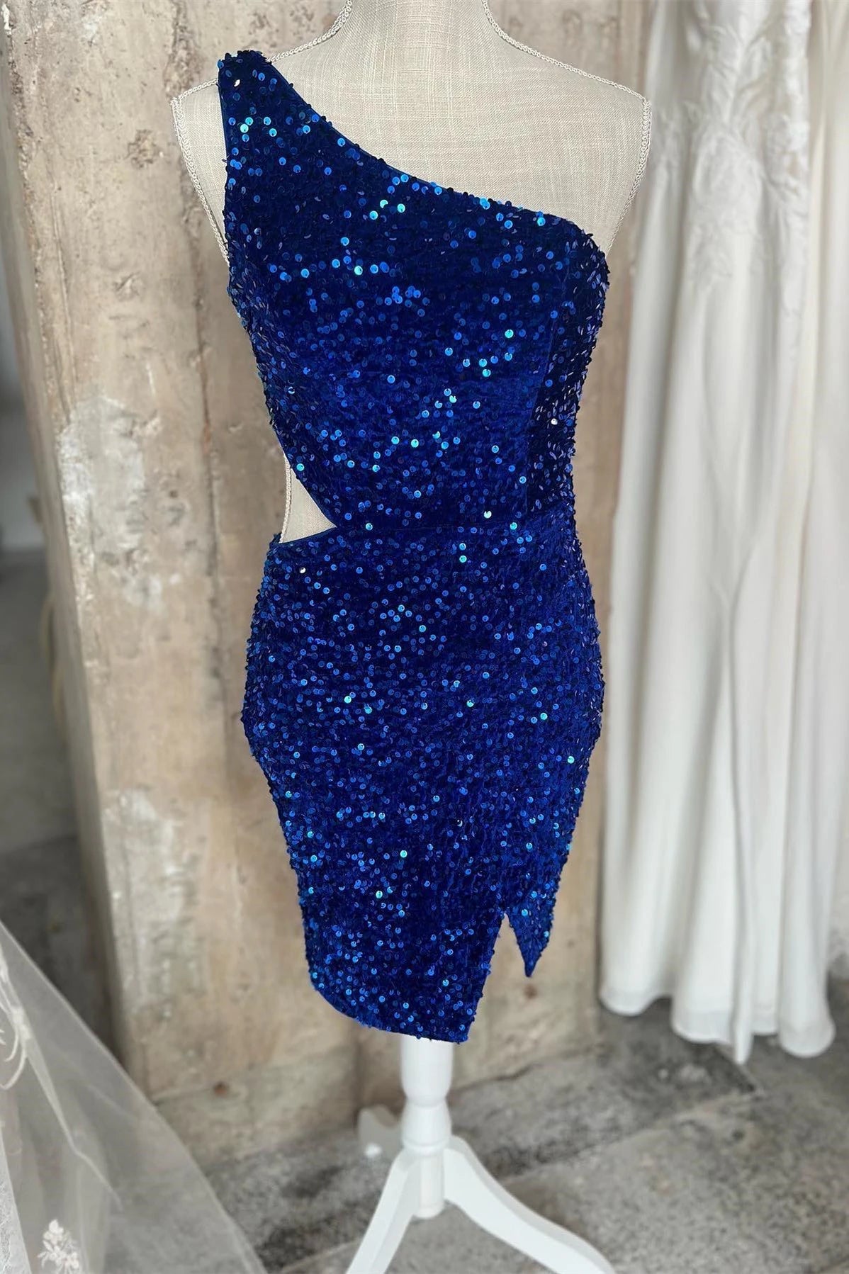 One Shoulder Sequin Homecoming Dress Royal Blue Side Cutout Tight Mini Dress MyChicDress