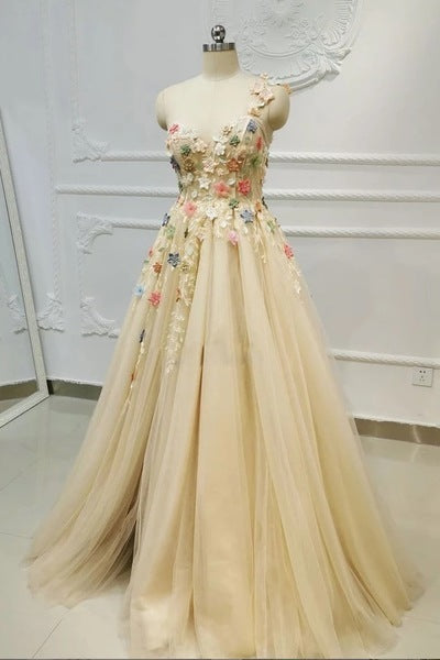 One Shoulder Champagne Long Floral Prom Dress Tulle Lace Applique - MyChicDress