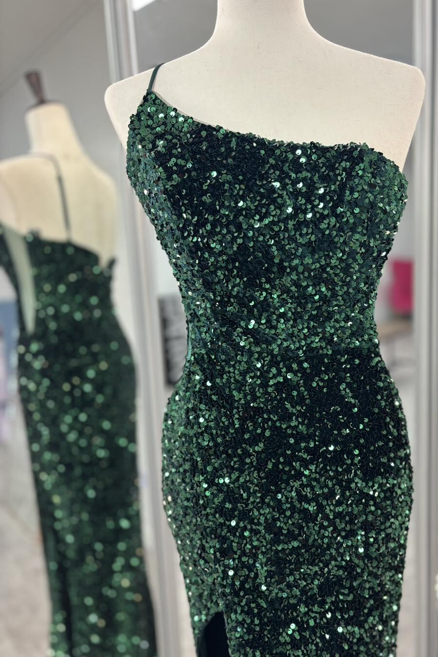 One Shoulder Long Emerald Green Prom Dress Mermaid Sequin - MyChicDress