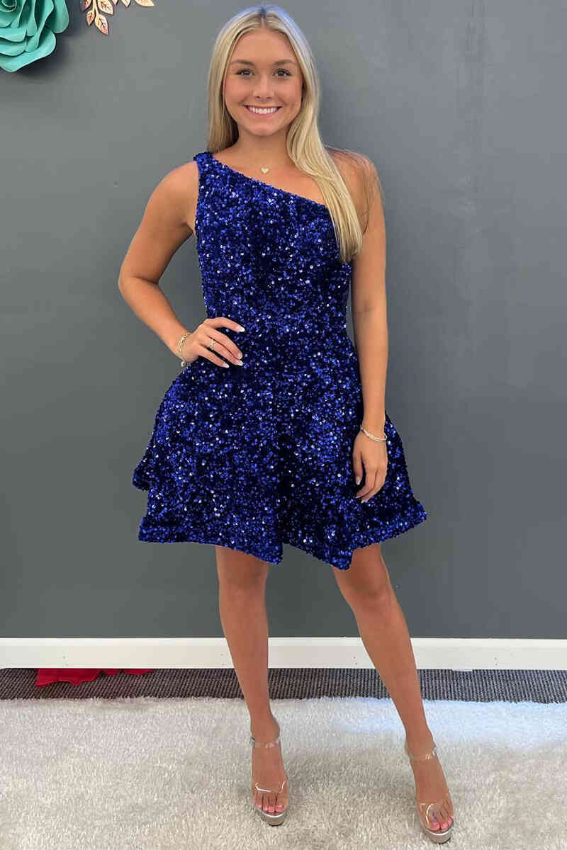 Sequin Royal Blue Homecoming Dress One Shoulder Short Prom Dresses - MyChicDress