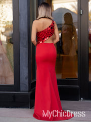 Vestido de fiesta rojo con un hombro al descubierto, efecto espejo, metalizado, lentejuelas y abertura