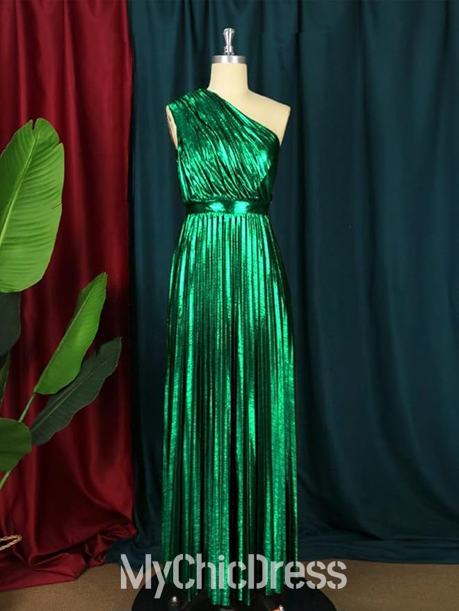 Vestido de invitada de boda metálico de un solo hombro para mujer, plisado, sin mangas
