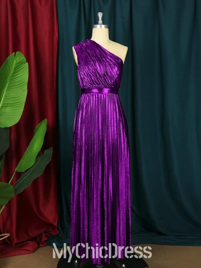 Vestido de invitada de boda metálico de un solo hombro para mujer, plisado, sin mangas