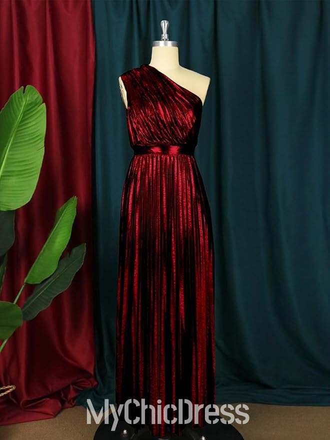 Vestido de invitada de boda metálico de un solo hombro para mujer, plisado, sin mangas