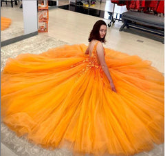 Orange Lace Prom Dresses Floral V Neck Formal Evening Dress