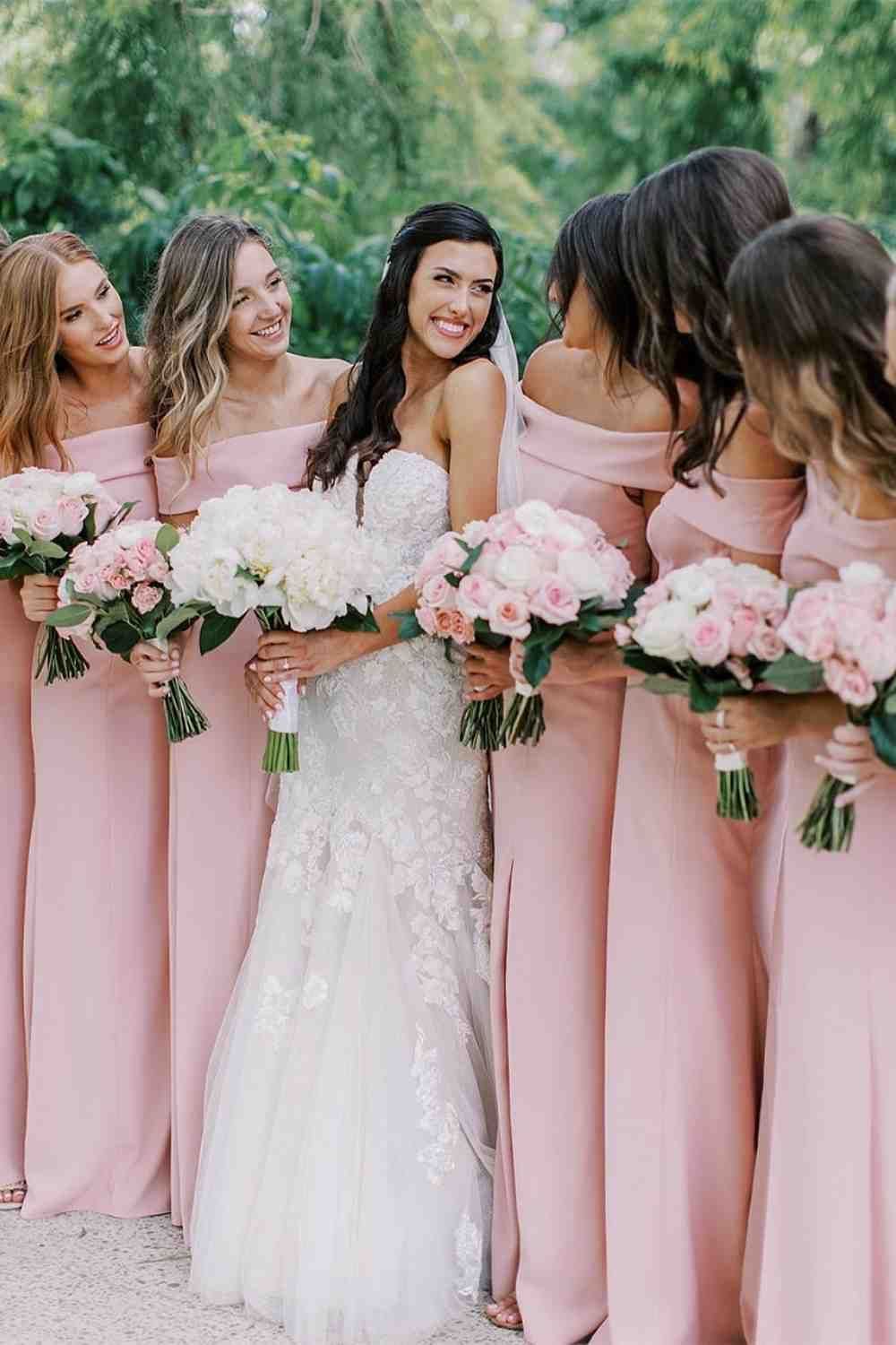 Simple Light Pink Bridesmaid Dress Mermaid Maxi Dress Off-the-Shoulder