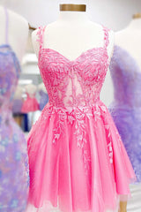 2024 Vestido rosa de fiesta con tirantes florales, vestido Hoco de tul con apliques y línea A