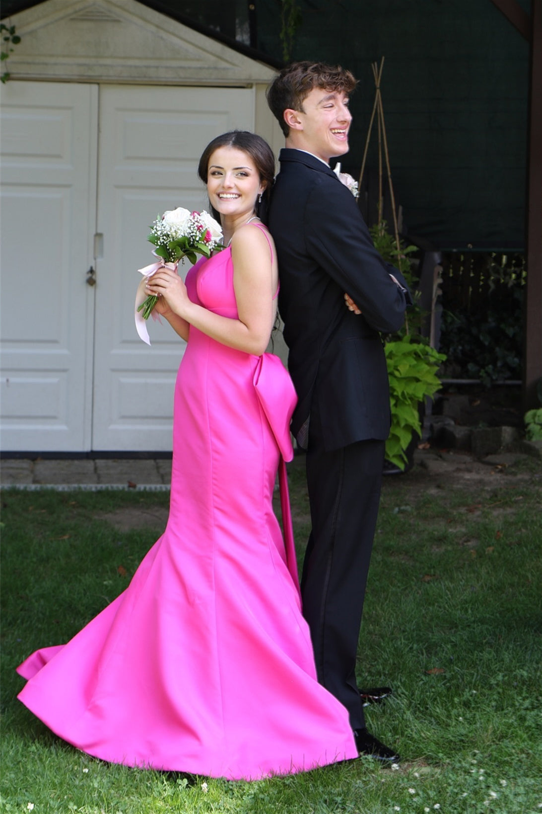 pink Prom Dress Satin Backless Mermaid Long Evening Dress with Bow 