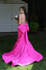 Prom Dress Satin Backless Mermaid Long Pink Evening Dress with Bow 