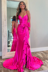 Pink Satin Long Formal Guest Dress with Bow Spaghetti Straps V-Neck