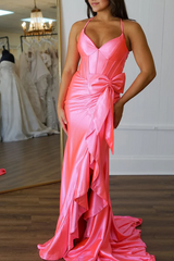 Pink Satin Long Formal Guest Dress with Bow Spaghetti Straps V-Neck