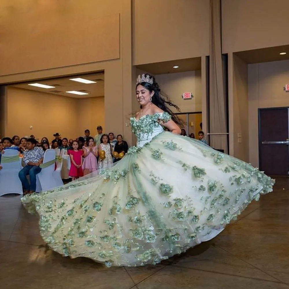 Quinceanera Dresses 3D Flower Plus Size Sage Green Sweet 16 Dress 