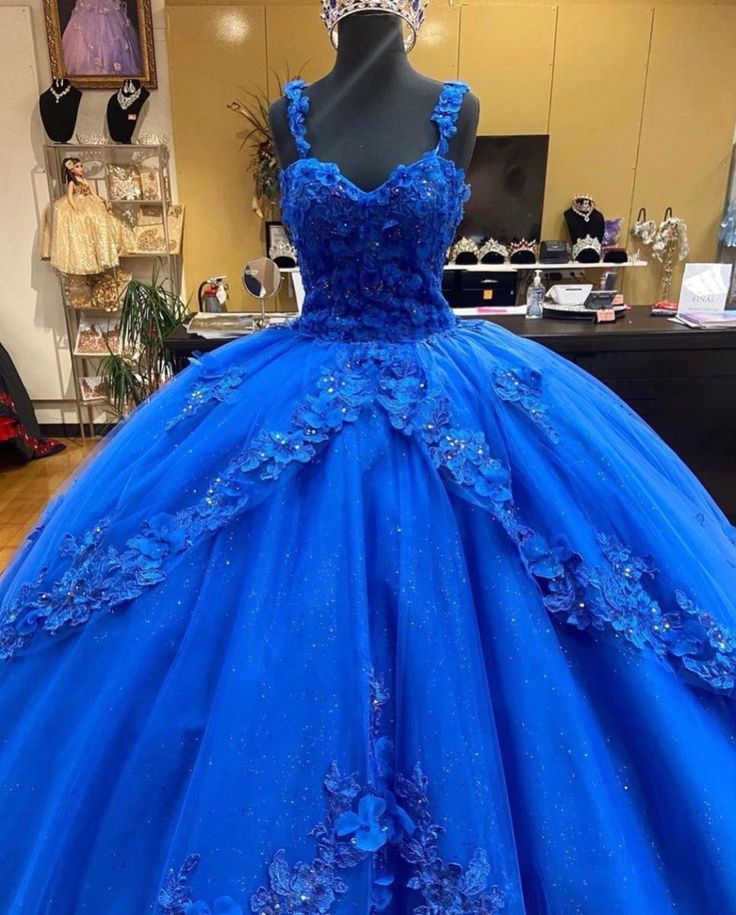 Princess 2024 Royal Blue Quinceanera Dresses 3D Flowers Crystals Sweet 16 Dress MyChicDress