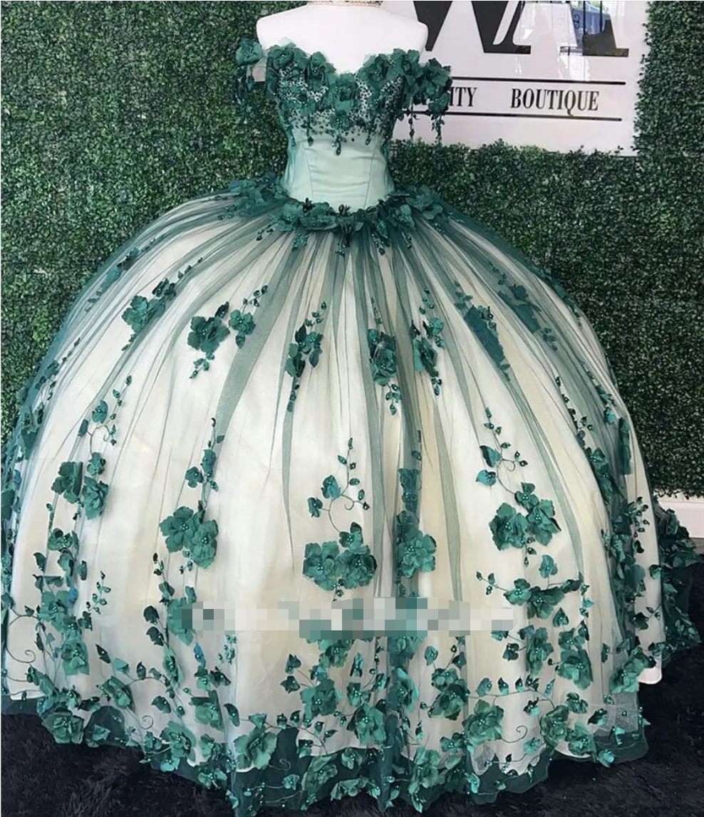 Princess Ball Gown Green Quince Dresses Floral Beaded Crystals Off the Shoulder MyChicDress