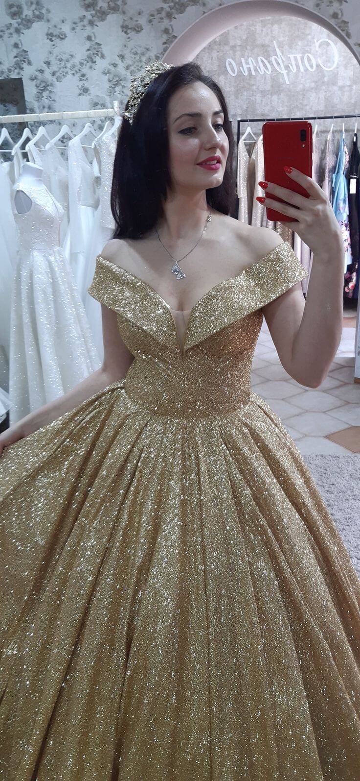 Princess Ball Gown Red Sequin Wedding Dresses Off the Shouder