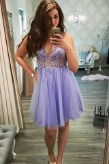 Princess Blue Homecoming Dress Short V Neck Knee Length Hoco Dress MyChicDress