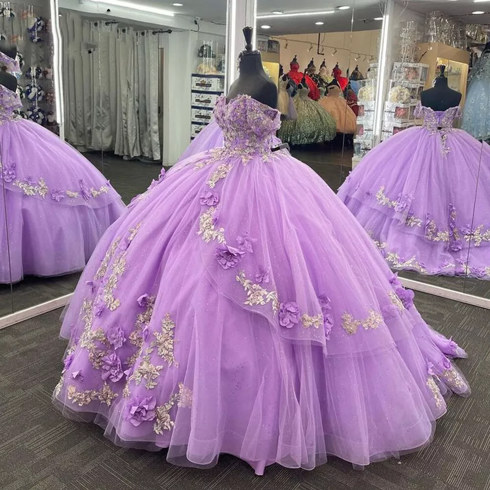 Vestido de quinceañera de encaje de princesa color lavanda 2025, vestido de baile con flores en 3D, vestido de quinceañera para dulces 16