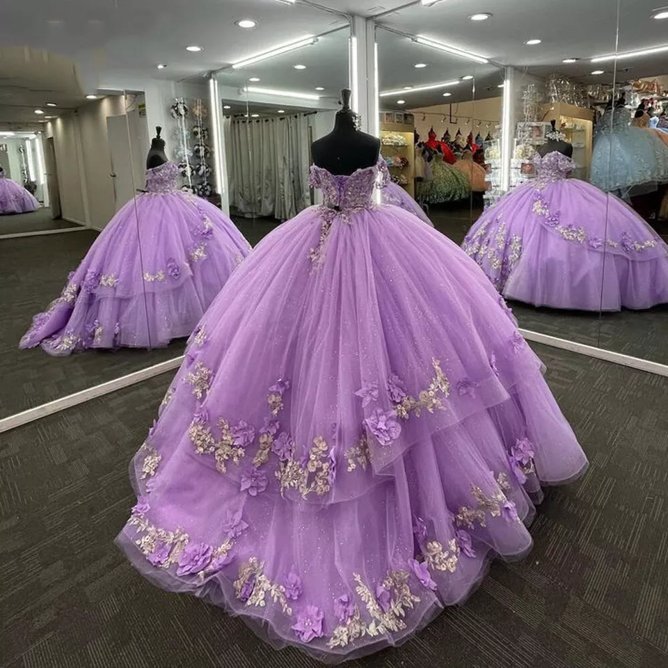 Vestido de quinceañera de encaje de princesa color lavanda 2025, vestido de baile con flores en 3D, vestido de quinceañera para dulces 16