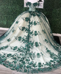 Vestido de fiesta de princesa 2024, vestidos de quinceañera verdes, cristales con cuentas florales y hombros descubiertos