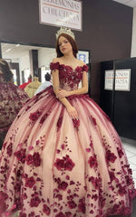 Princesa 2024 Quinceañera Borgoña 15 Vestidos Cristales Con Flores 3D