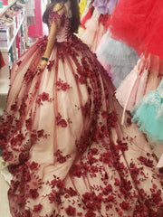 Princesa 2024 Quinceañera Borgoña 15 Vestidos Cristales Con Flores 3D
