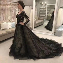 Princess Gothic Black Wedding Dress Lace with Long Sleeves - MyChicDress