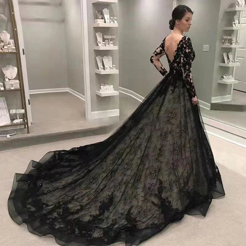 Princess Gothic Black Wedding Dress Lace with Long Sleeves - MyChicDress