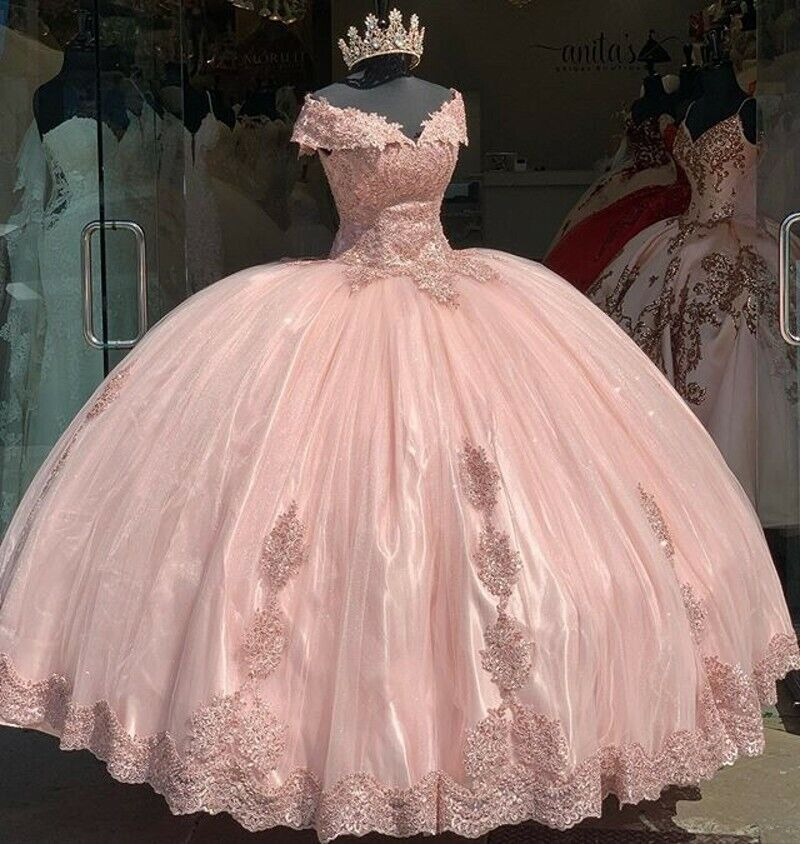 Princesa Apliques De Encaje Rosa 15 Vestidos De Quinceañera De Fiesta Vintage Fuera Del Hombro