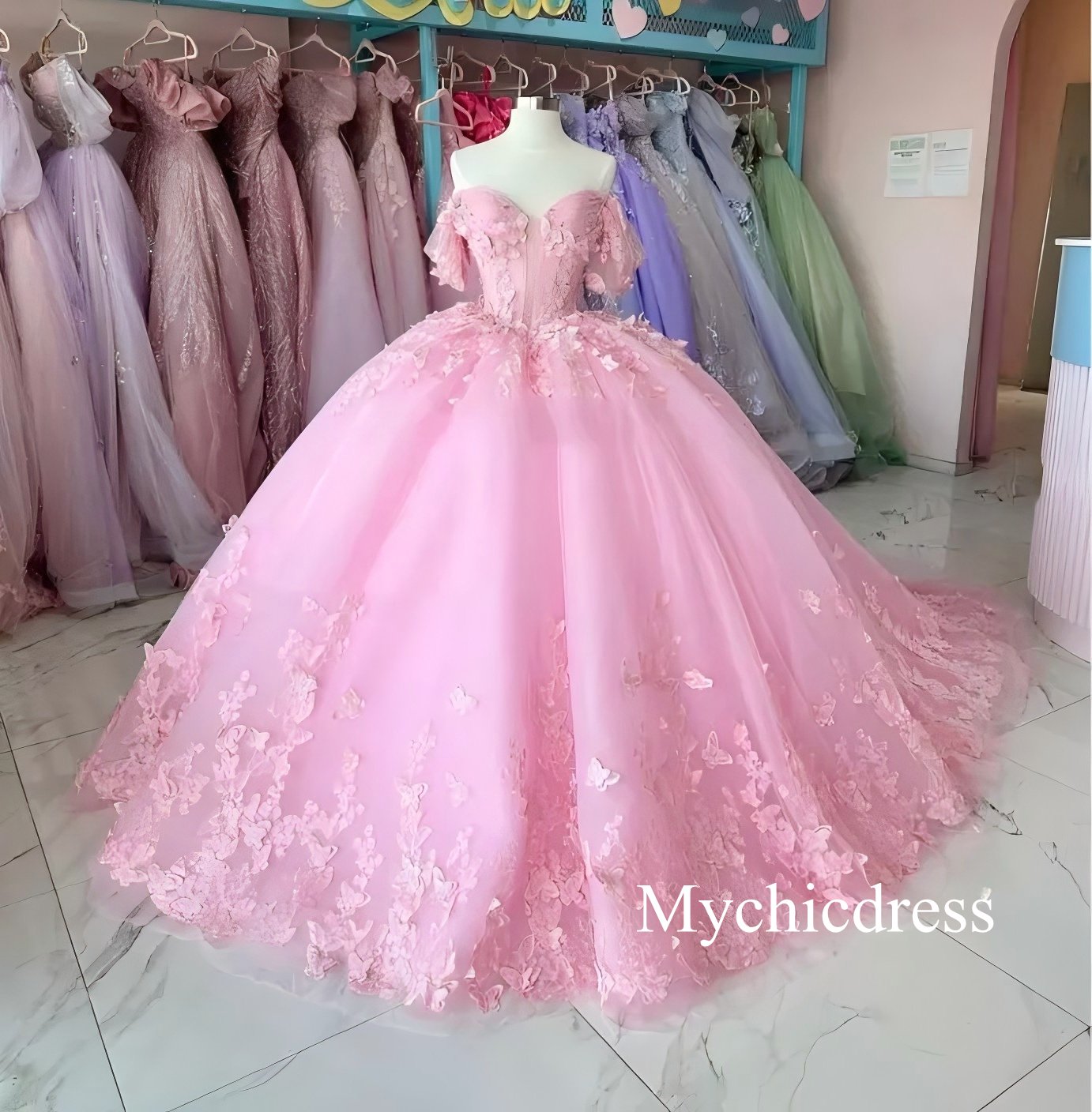 Princess Pink Quince Dress 3D Butterfly Ball Gown XV Dress Off Shoulder - MyChicDress