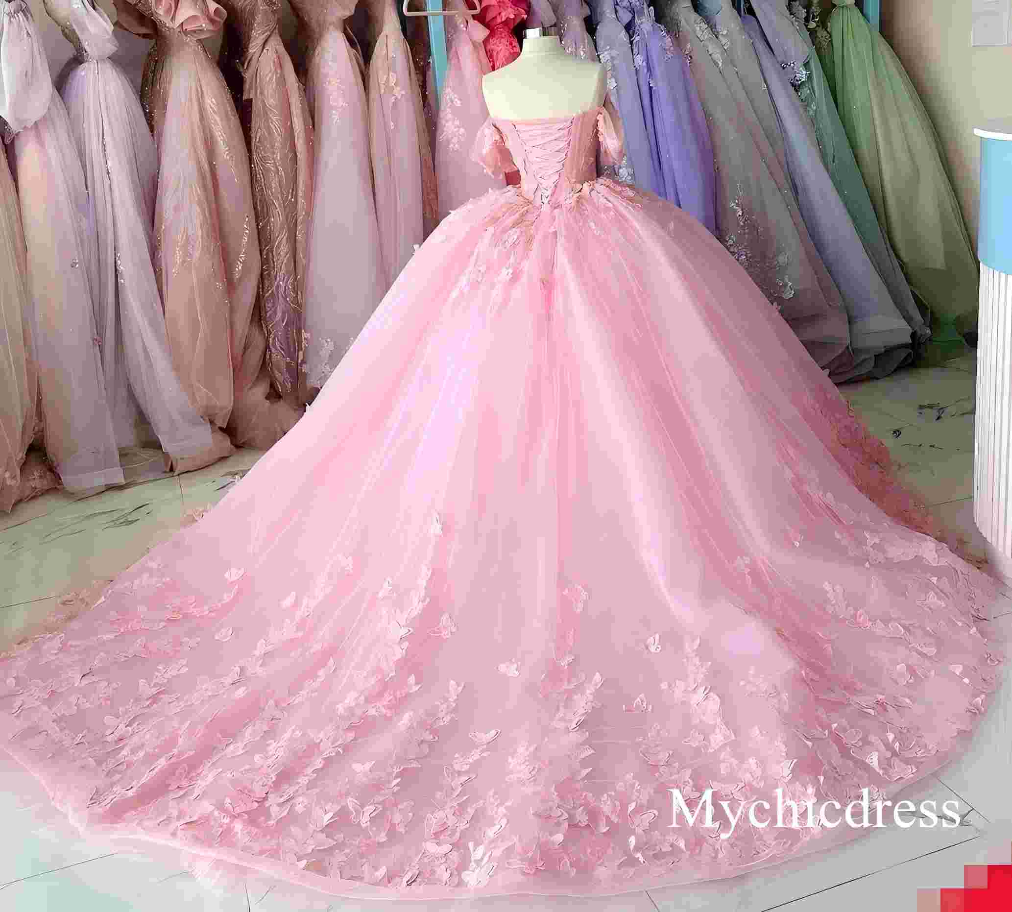 Princess Pink Quince Dress 3D Butterfly Ball Gown XV Dress Off Shoulder - MyChicDress