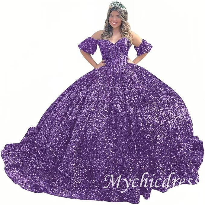 Princess  purple Quinceanera Dresses Sequin Bow with Bubble Sleeves Mychicdress